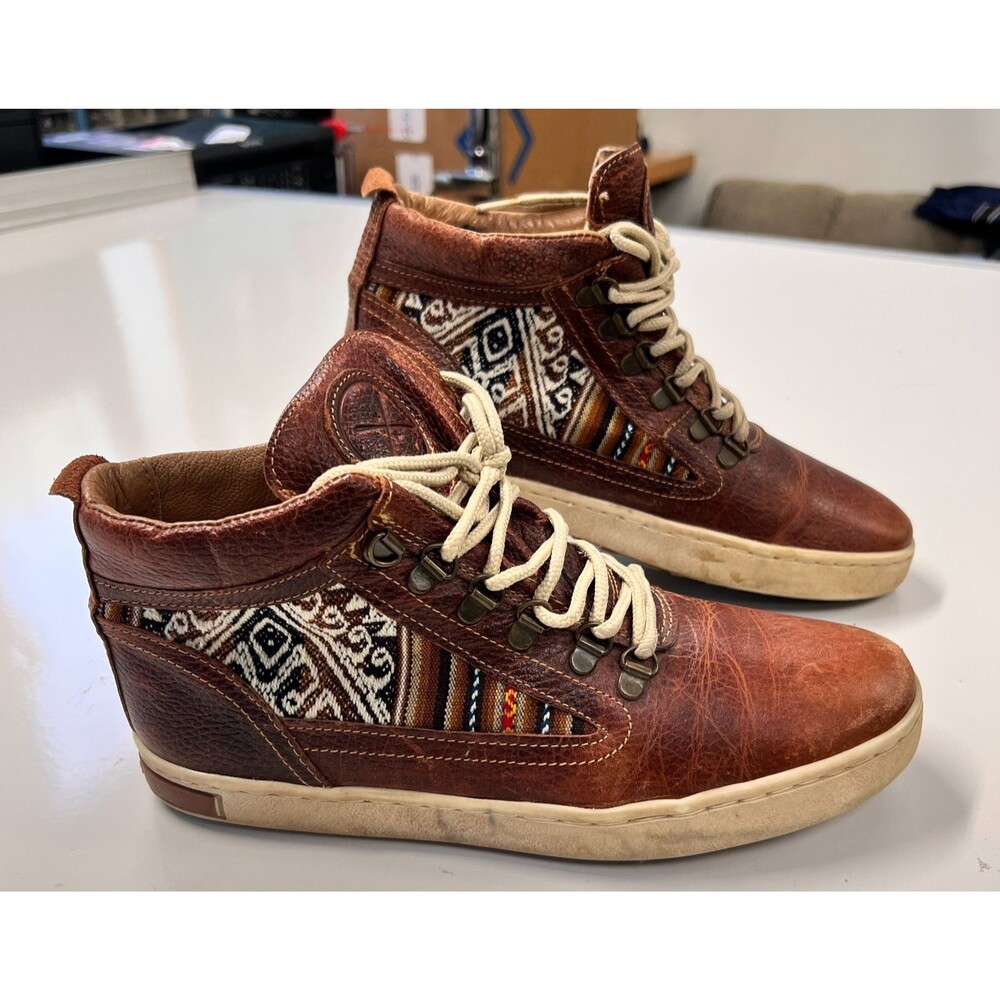Inkkas High Top Sneakers Men 8 Women 10 EU 41 Brown Leather Aztec Textile